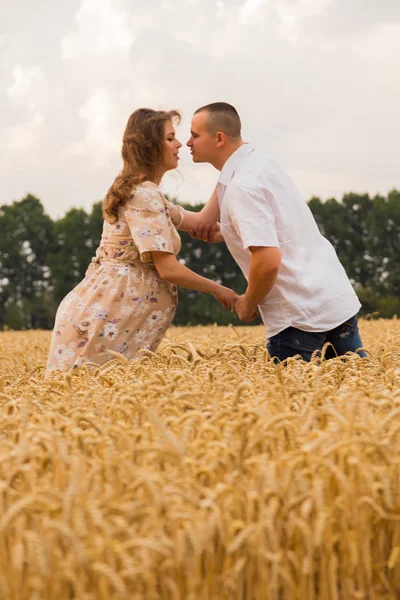 Un giovane uomo e una donna incinta seduti in un campo di grano di grano appena tagliato — Foto Stock