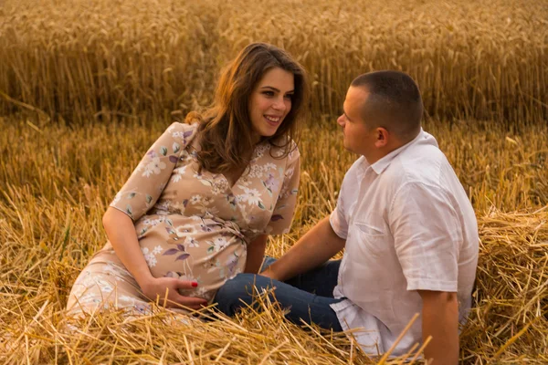 Mladý muž a těhotná žena, sedící v pšeničné pole pšenice, čerstvě řezané — Stock fotografie