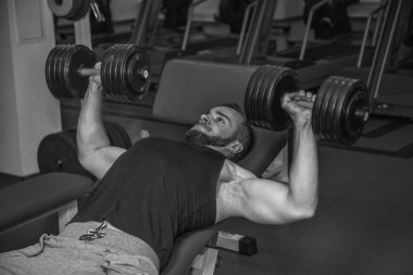 Adam jimnastik salonu. Halter alıştırmalar kılıyor. Spor, güç, halter, gerginlik, egzersiz - sağlıklı bir yaşam tarzı kavramı. Fitness ve spor hakkında makale.