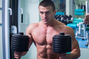 Vücut geliştirme dumbbells ile. Husky büyük bir dumbbell elinde tutar. Spor, vücut geliştirme, sağlıklı yaşam tarzı.