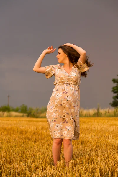 麦畑で妊娠中の女性。フィールドで幸せな女は。女には、やがて生まれる子供が高慢します。誠実な感情とうれしそうな感じ。美しい国の風景です。麦畑が収穫を待っています。. — ストック写真
