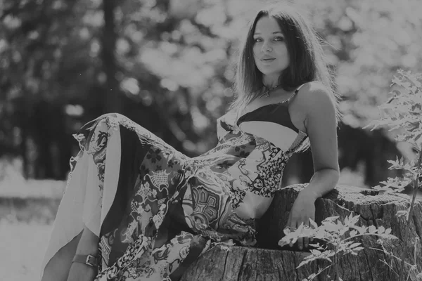 Vacker ung flicka i en klänning på en bakgrund av naturen. Elegansen i den romantiska bilden av flickan. Krasyvechorno vit foto. Foto för mode och sociala tidskrifter, affischer och webbplatser. — Stockfoto