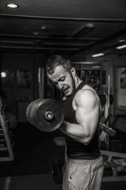 Adam jimnastik salonu. Halter alıştırmalar kılıyor. Spor, güç, halter, gerginlik, egzersiz - sağlıklı bir yaşam tarzı kavramı. Fitness ve spor hakkında makale.