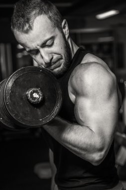 Adam jimnastik salonu. Halter alıştırmalar kılıyor. Spor, güç, halter, gerginlik, egzersiz - sağlıklı bir yaşam tarzı kavramı. Fitness ve spor hakkında makale.