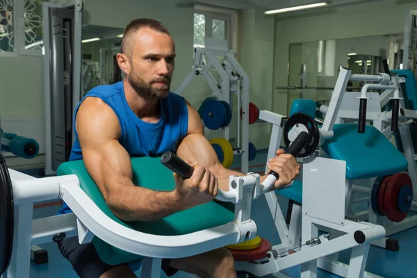 The athlete does bench biceps on the simulator in the gym. Hand muscle training on the simulator. Tense muscles of hands under load. Photos for sporting magazines, posters and websites. — Stock Photo, Image