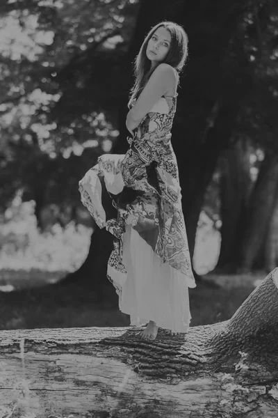 Hermosa joven en un vestido en un fondo de la naturaleza. La elegancia de la imagen romántica de la niña. Foto en blanco de Krasyvechorno. Foto para revistas de moda y sociales, carteles y sitios web . —  Fotos de Stock