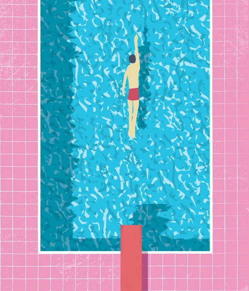 1980s style summer holiday poster with swimmer in swimming pool. Pink grunge worn tiles and water texture. — Stock Vector