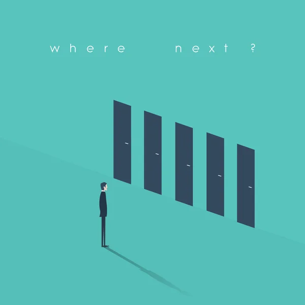 İş karar kavramı illüstrasyon. Seçimi, kariyer veya fırsatları için sembolü olarak kapı önünde duran işadamı.