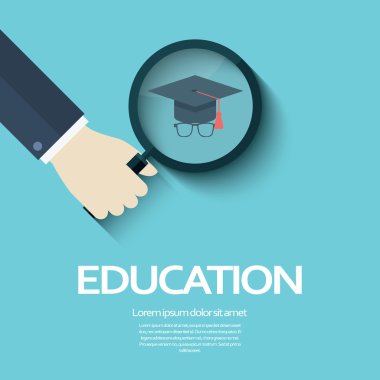 Eğitim sembolü Üniversitesi Öğrenci şapka ve gözlük. Doğru kolej veya derecesi için arama Büyüteç işareti.