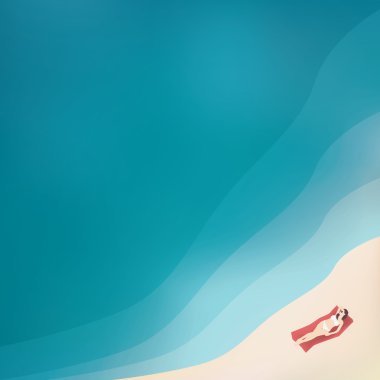 Woman in bikini lying on a sandy beach next to the clean water ocean. Top aerial view vector background illustration with copy space. clipart