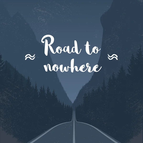 Ufuk dağlar arasında lider ormanın ortasında hiçbir yerde kavramı emtpy giden yol. Karanlık gece ormanda sahne eps10 vektör çizim.