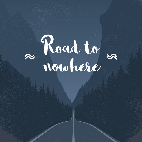 Эмтпи-роуд в никуда, посреди леса, ведущего горизонт между горами. Векторная иллюстрация темных лесов
.