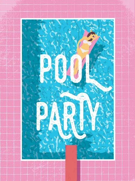 Plantilla de póster de fiesta de piscina con mujer sexy en bikini tomando el sol. 80 retro vintage estilo vector ilustración . — Vector de stock