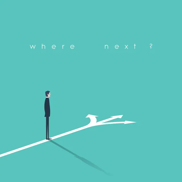 İş karar kavramı vektör çizim. Üç oklar ve yön ile kavşak üzerinde duran işadamı.