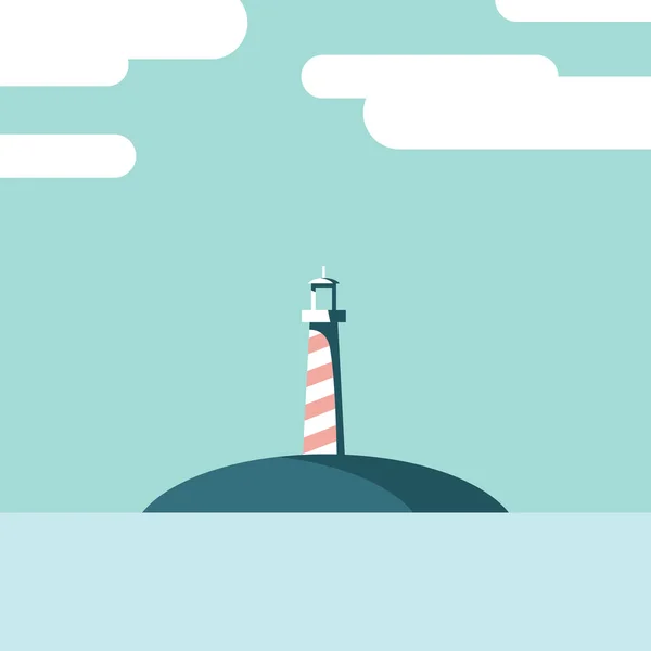 Lighthouse on an island landscape vector illustration. Summer holiday postcard template in modern flat design, artistic style. — Stock Vector