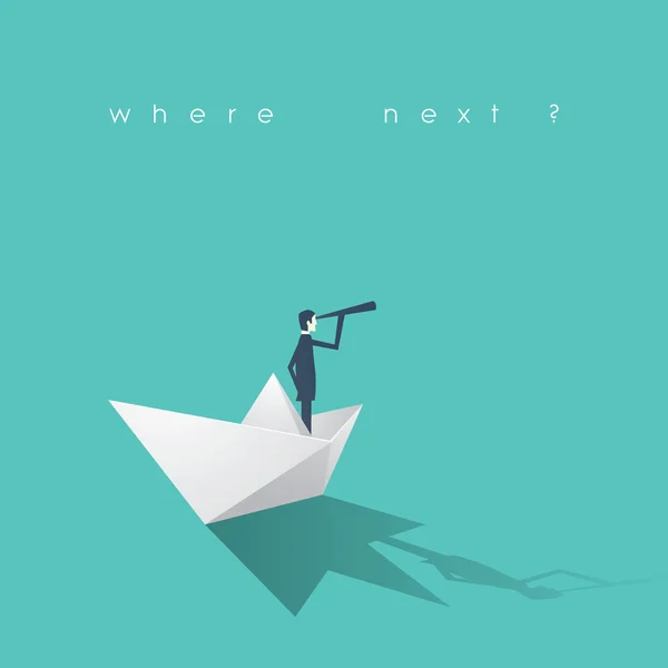 İşadamı ile kağıt tekne iş liderlik bir sembolü olarak monoküler.