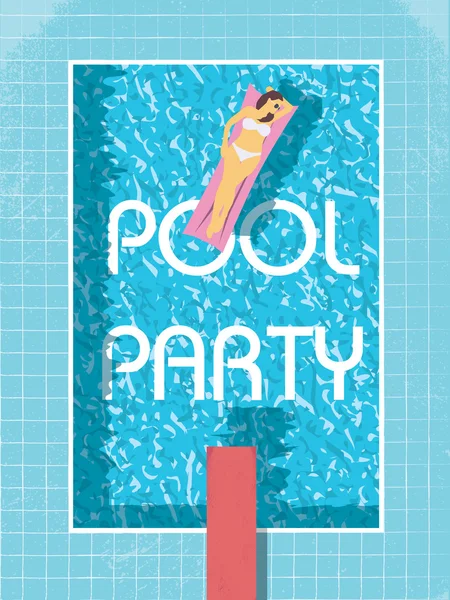 Plantilla de póster de fiesta de piscina con mujer sexy en bikini tomando el sol. 80 retro vintage estilo vector ilustración . — Archivo Imágenes Vectoriales