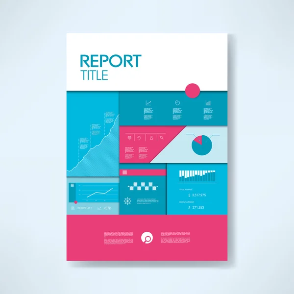 Jaarlijkse verslag voorbladsjabloon met pictogrammen bedrijfs en elementen. Cirkeldiagram, grafieken, infographics lay-out. — Stockvector