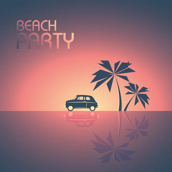 海滩聚会模板背景的宣传海报和传单。复古 80 年代风格单张有棕榈树，在日落的小型车. — 图库矢量图片