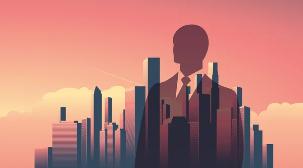 Stadtsilhouette mit Geschäftsmann, der drüber steht. Doppelbelichtungsvektor Illustration Landschaft Hintergrund. horizontale Ausrichtung. — Stockvektor