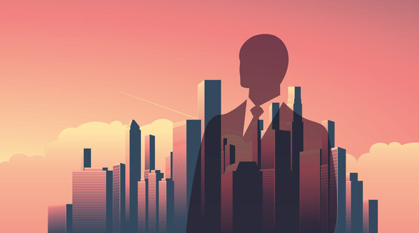 Urban skyline cityscape with businessman standing over. Double exposure vector illustration landscape background. Horizontal orientation. — Stock Vector