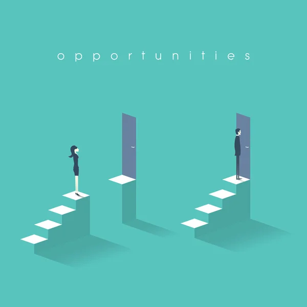 Eşit fırsatlar iş kavramı işkadını ve işadamı önünde duran üst merdiven kapıları ile.