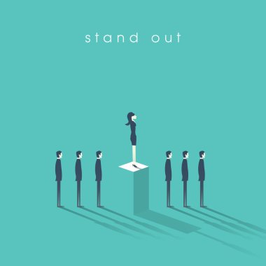 Businesswoman standing out from the crowd business concept with businessmen in line. Talent or special skills symbol.