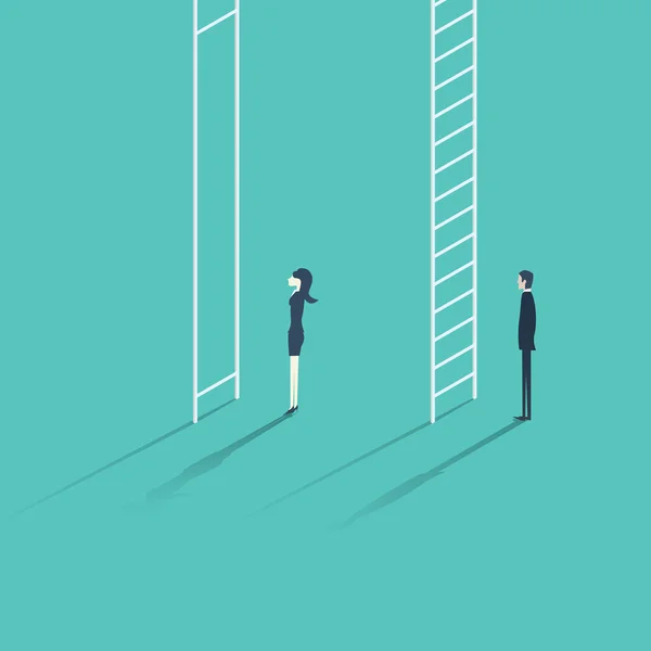 İş kadını adam şirket merdiveni kariyer kavramı vektör çizim karşı. Kadın ve erkek için farklı fırsatlar ile cinsiyet eşitsizliği sorunu.