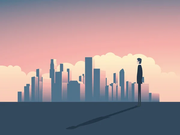 City skyline panorama ilustración con hombre de negocios mirando. Rascacielos altos en el fondo . — Archivo Imágenes Vectoriales