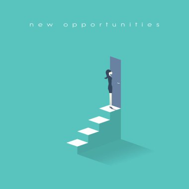 Businesswoman standing on top of stairs in front doors. Business symbol, new opportunities and career progress. vector Businesswoman standing on top of stairs in front doors. Business symbol, new opportunities and career progress. vector