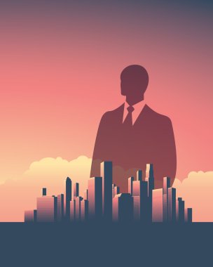 Urban skyline cityscape with businessman standing over. Double exposure vector illustration landscape background. Vertical portrait orientation. clipart