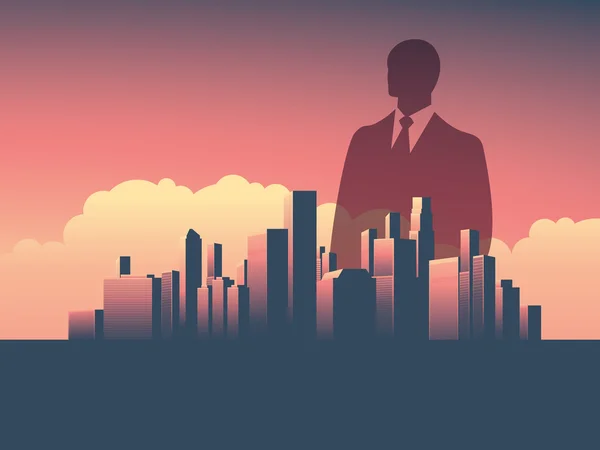 Stedelijke skyline Cityscape met zakenman staande over. Dubbele belichting vector illustratie landschap achtergrond. — Stockvector