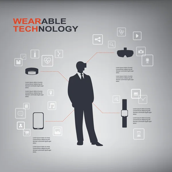 Infografías vectoriales de concepto de tecnología portátil con dispositivos inteligentes como smartwatch, realidad virtual, rastreador de fitness y teléfono inteligente . — Vector de stock