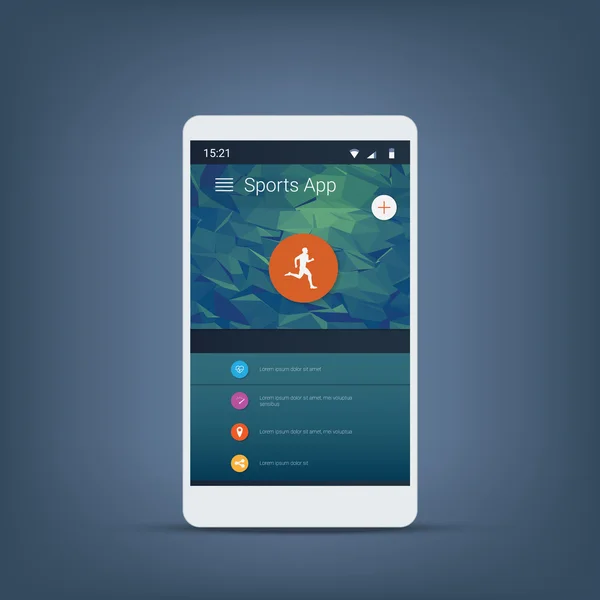 Fitness-of sporttracker applicatie grafische gebruikersinterface in modern materiaal ontwerp achtergrond met pictogrammen voor menu. — Stockvector