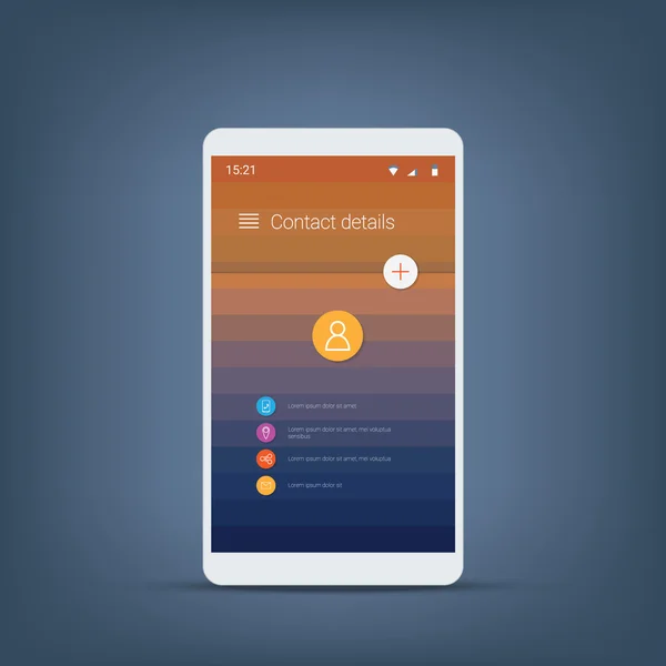 Interfaccia utente mobile per lo schermo dei contatti in moderno stile di progettazione dei materiali. Icone vettoriali e sfondo . — Vettoriale Stock