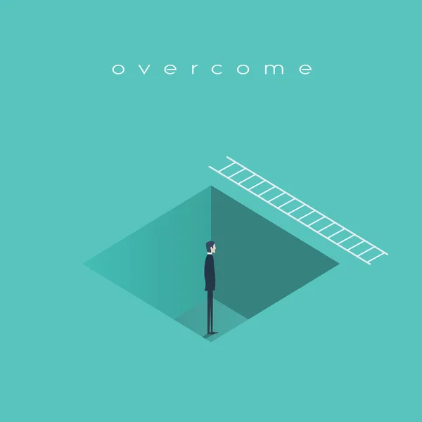 Business challenge concept, man standing in a hole with ladder. Finding solution, recover from crisis symbol. — Stock Vector