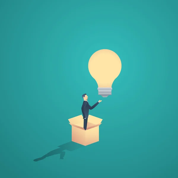 Think outside the box motivational business concept vector. Creativity symbol with  man standing in a  and  lightbulb. — Stock Vector