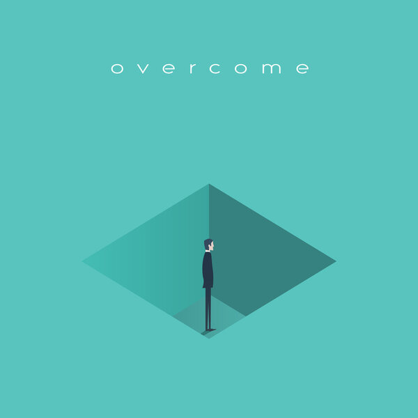 Business challenge, obstacle, issues concept vector background. Businessman standing in a hole to find creative solution   problem.