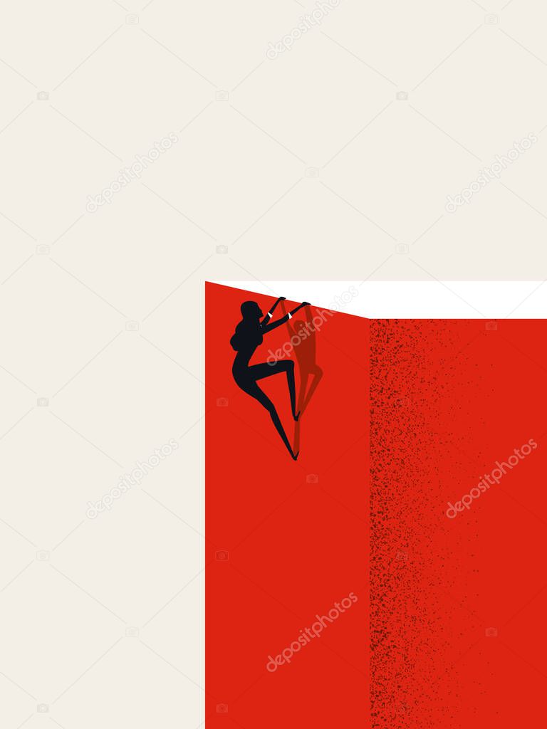 Business ambition and achievement for businesswoman vector concept. Woman climbs on top of cliff.