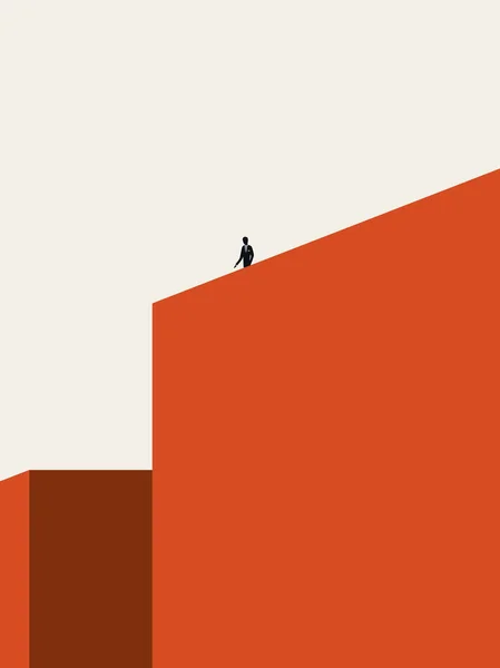Ensamhet eller ensamhet vektor illustration koncept med människan står på toppen av byggnaden. Minimal abstrakt konst. — Stock vektor