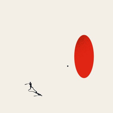 İş başarısı vektörü konsepti. İş adamı beyzbola sopayla vuruyor. Hedeflere, hedeflere ulaşmanın sembolü.