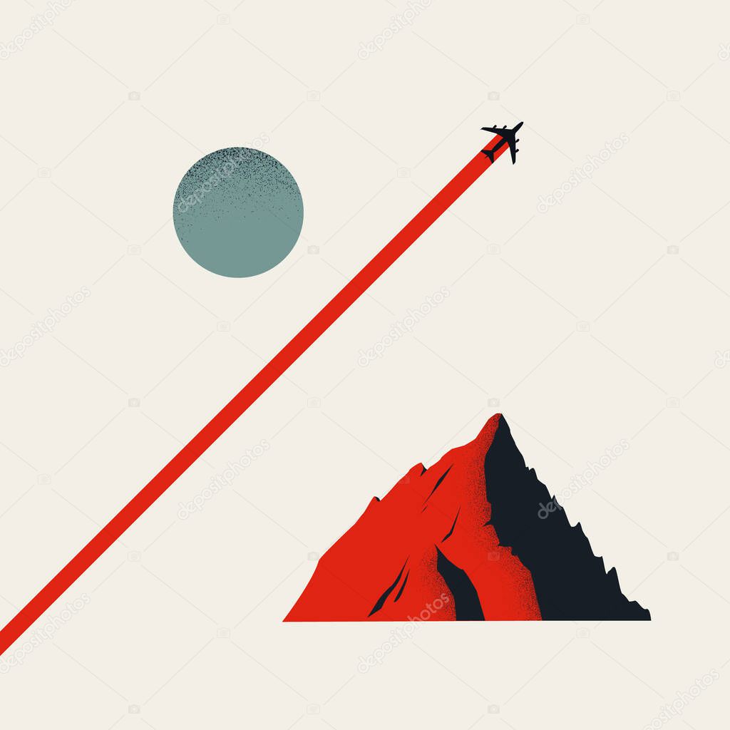Business growth vector concept with plane, aircraft flying over abstract mountain. Symbol of financial success.