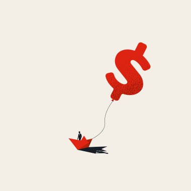 Kağıt teknede iş adamıyla iş yatırımı ve seyyar oran vektör kavramı. Dolar, para sembolü..