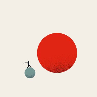 İş sorunları ve vektör kavramının üstesinden gelmek. Beyzbol oynayan bir iş adamı büyük topa vuruyor..