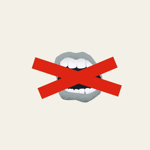 Concepto vectorial de censura con boca y cinta adhesiva encima. Vintage diseño minimalista estilo símbolo. — Vector de stock