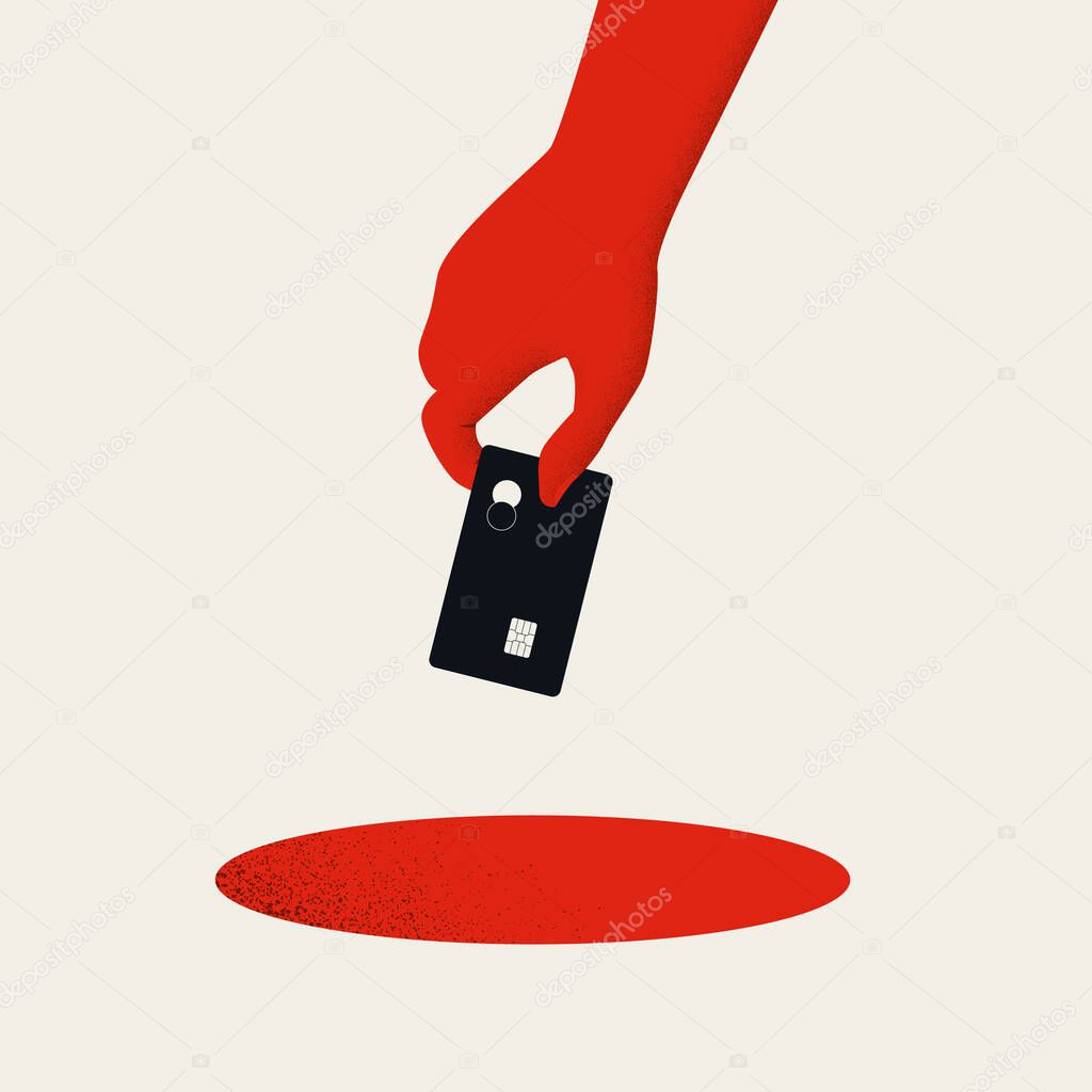 Credit card debt vector concept with hand putting card into hole. Symbol of depression, loss, bankruptcy.