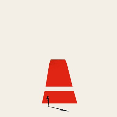 İş kadını risk altında ve tehlikeli vektör konsepti. Uyarı sembolü, kötü yatırım, karar. En küçük illüstrasyon.