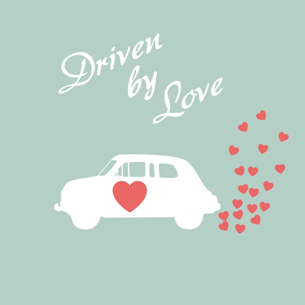 Vintage car driven by love romantic postcard design for Valentine card. — Stock Vector