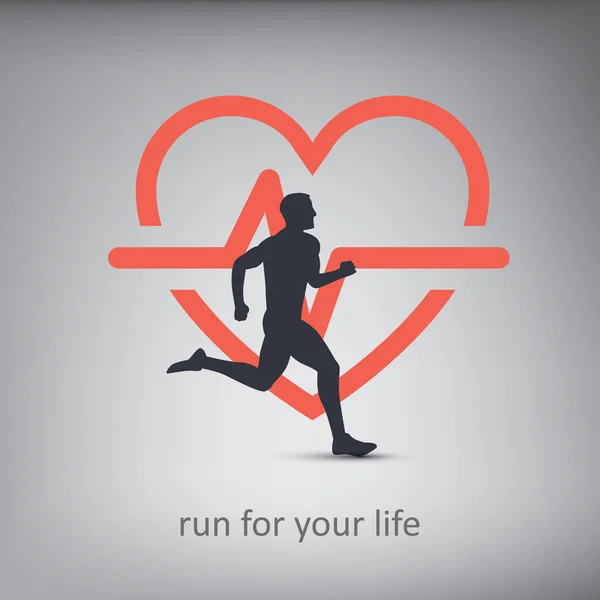 Correr ou correr ilustração conceito com silhueta de uma pessoa com símbolo de estilo de vida saudável no fundo. Exercício cardiovascular —  Vetores de Stock