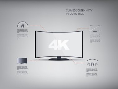 4k ultra hd curved screen tv infographics in modern flat design.